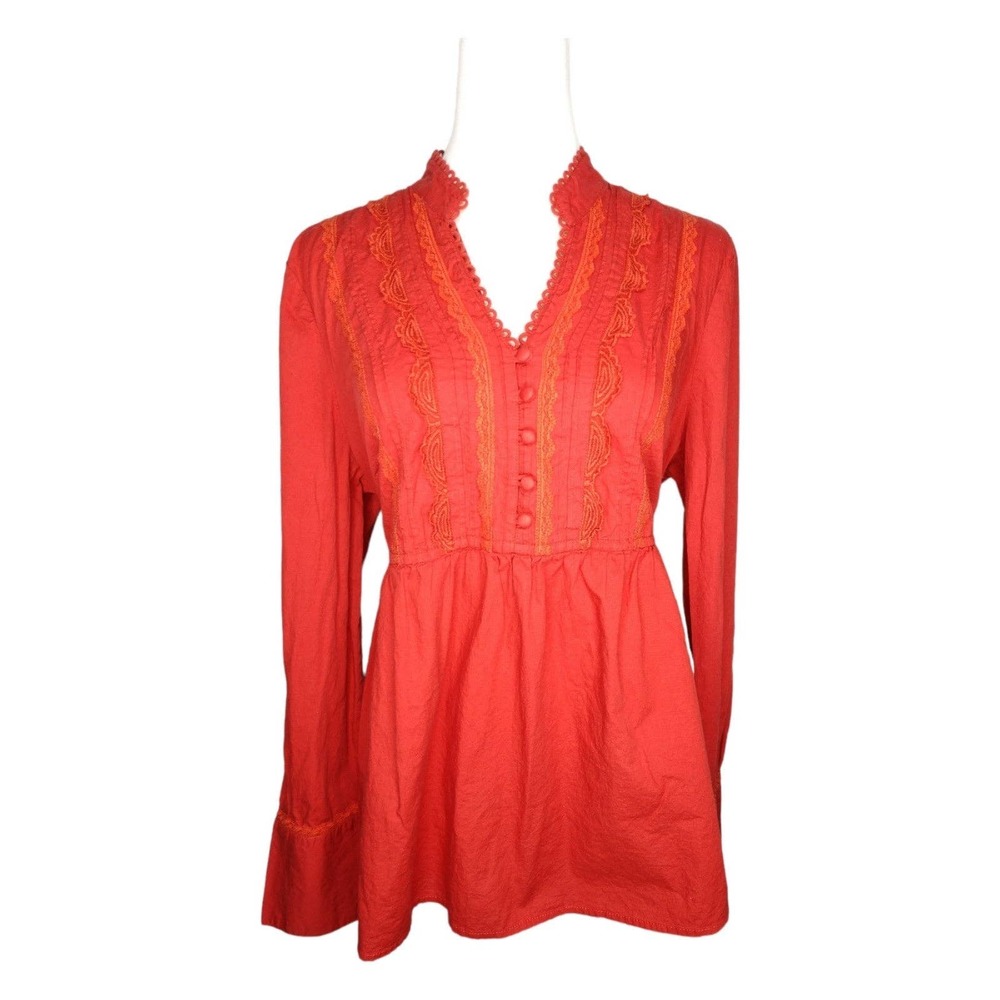 Cotton Pintuck Lace Peasant Blouse Pumpkin Spice Size L